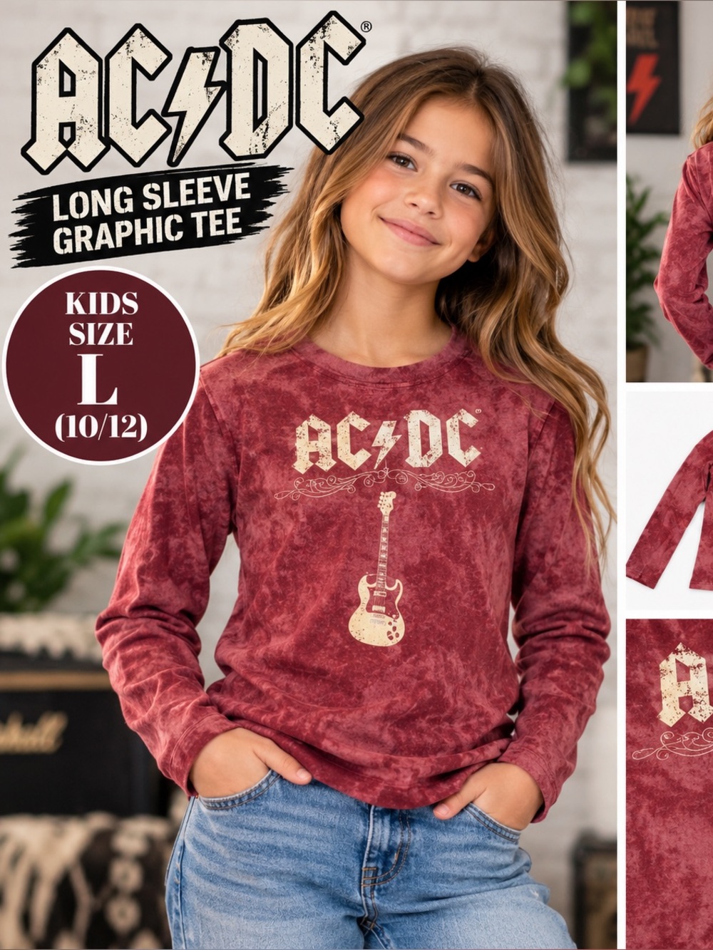 Hybrid Apparel AC/DC Back in Black Acid Wash Long Sleeve Kids Shirt L 10/12